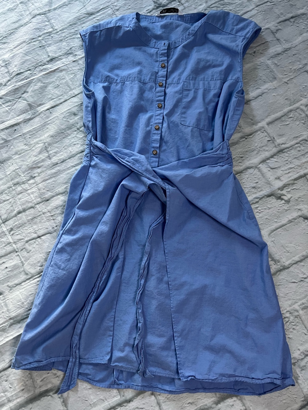 Zara Button Front Apron Wrap Tie Sleeveless Mini Dress Cotton Blue